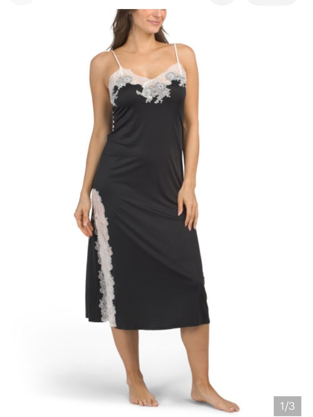 NWOT NATORI Enchant Satin Black with Lace-Trim Slip / Nightgown size Small